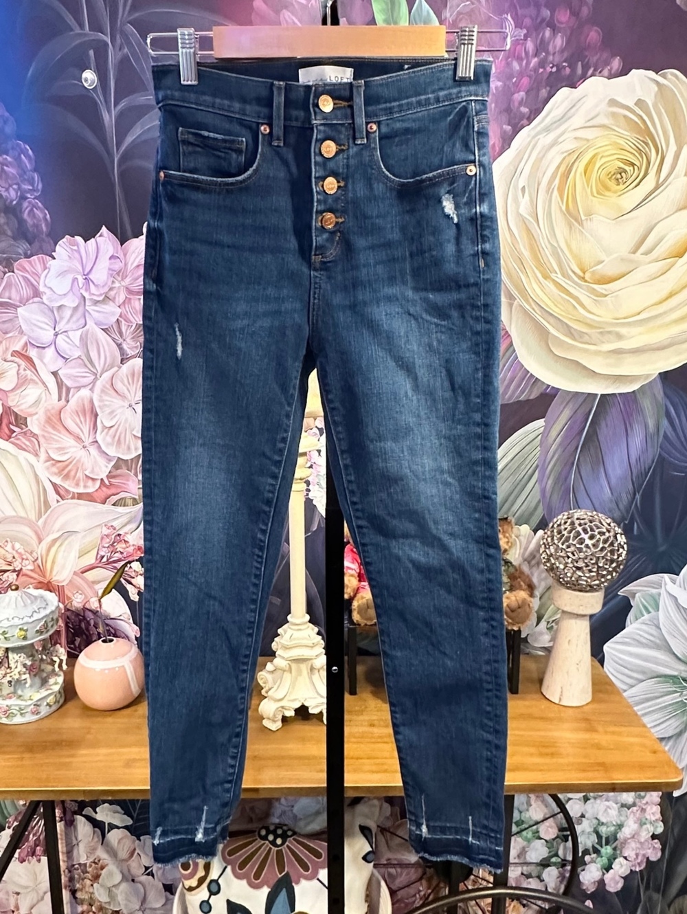 LOFT 6 Skinny Jeans Dark Wash Denim Distressed Raw Hem High Waist Skinny Crop